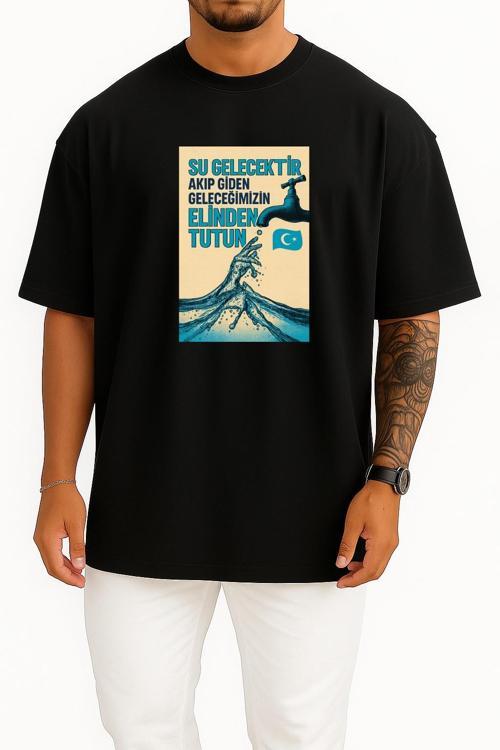 Oversize Su Hayattır - Baraj Su Oranı Göğüs Tasarımlı Unisex T-Shirt