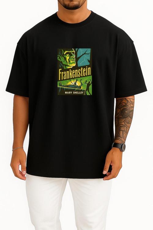 Oversize Frankenstein Mary Shelley Hallowen Göğüs Tasarımlı Unisex T-Shirt