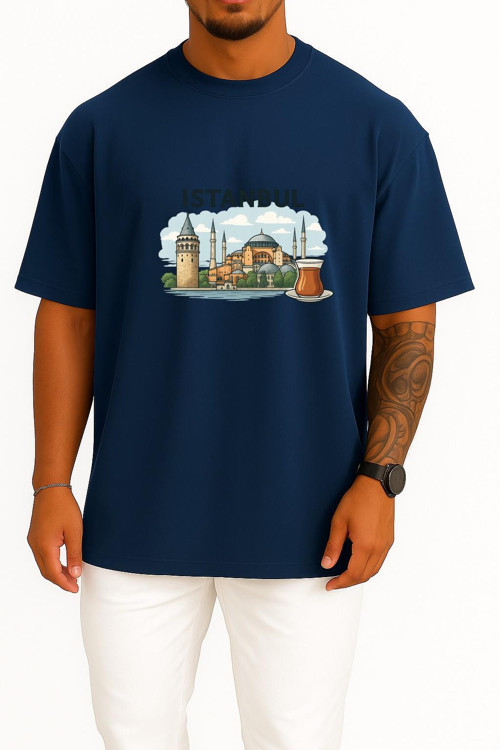 Oversize İstanbul - Ayasofya Camii Ve Çay Göğüs Tasarımlı Unisex T-Shirt