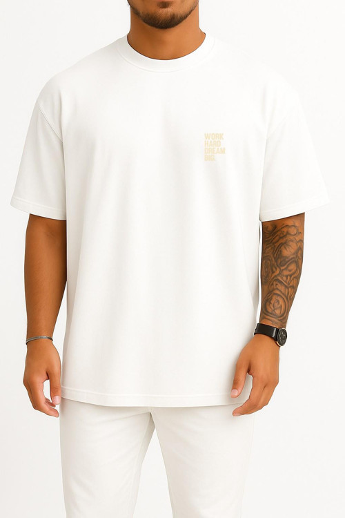 Oversize Çok Çalış Hayaller Büyük Cep ve Sırt Tasarımlı Unisex T-Shirt