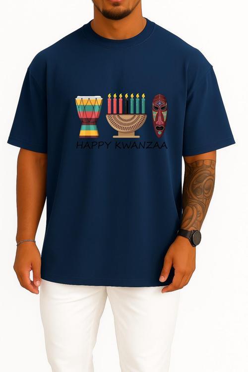 Oversize Happy Kwanzaa Göğüs Tasarımlı Unisex T-Shirt