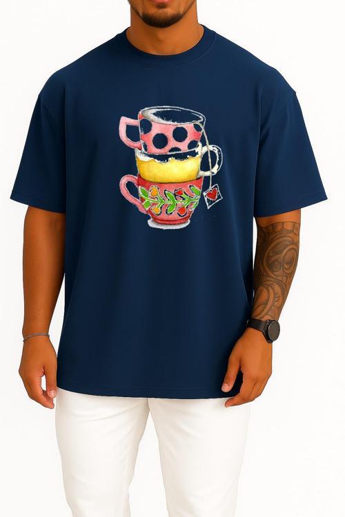 Oversize Teacup Coffee Mug Boyama Göğüs Tasarımlı Unisex T-Shirt