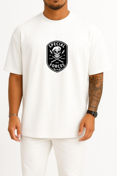 Oversize Özel Kuvvetler Sessiz Ve Ölümcül Göğüs Tasarımlı Unisex T-Shirt