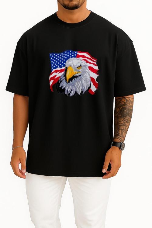 Oversize Amerika Kartalı Ve Amerika Bayrağı Göğüs Tasarımlı Unisex T-Shirt
