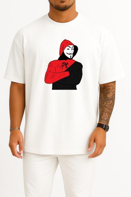 Oversize Hacker, Anonymous Göğüs Tasarımlı Unisex T-Shirt
