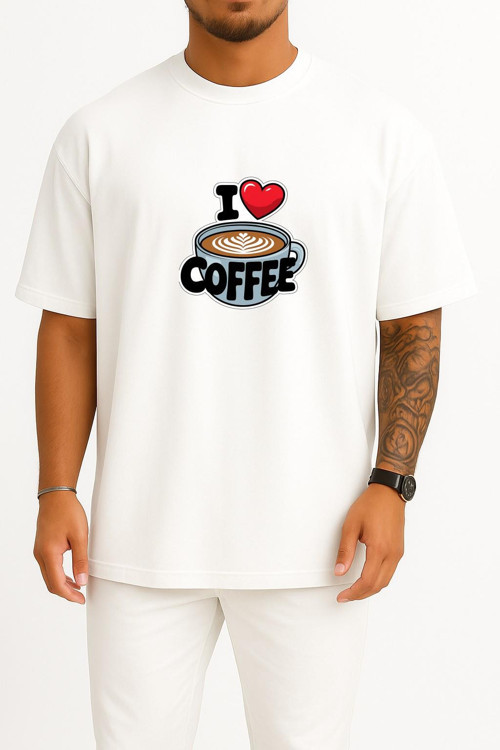 Oversize İ Love Coffee Göğüs Tasarımlı Unisex T-Shirt