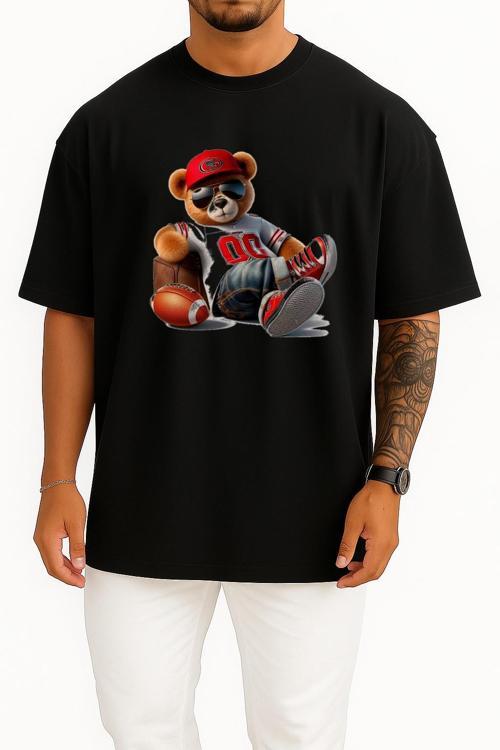 Oversize Havalı Teddy Ayıcık Göğüs Tasarımlı Unisex T-Shirt