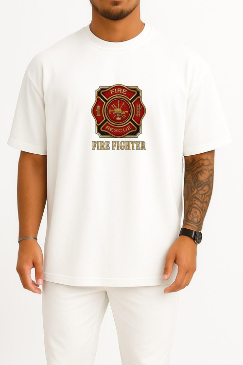 Oversize İtfaiye - Fire Rescue Göğüs Tasarımlı Unisex T-Shirt