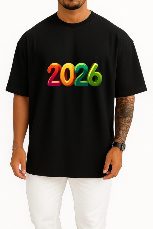 Oversize 2026 Yılbaşı Göğüs Tasarımlı Unisex T-Shirt
