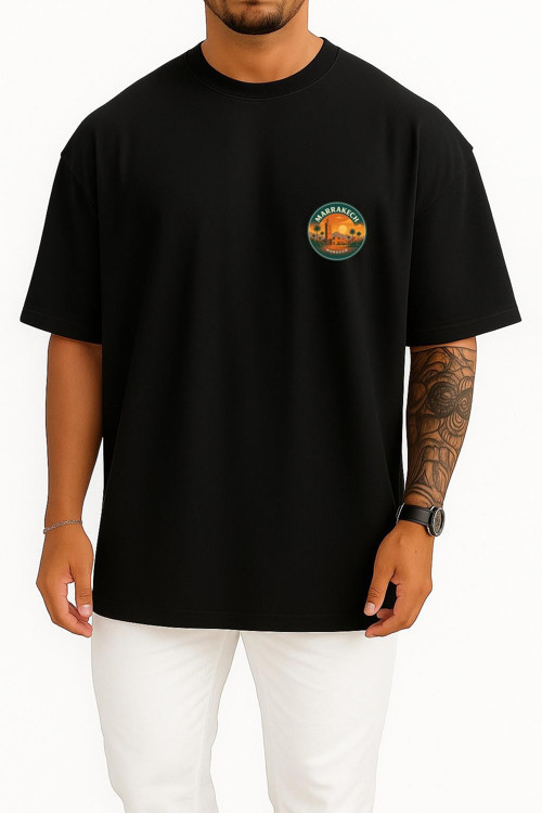 Oversize Fas Marakeş Şehri Cep ve Sırt Tasarımlı Unisex T-Shirt