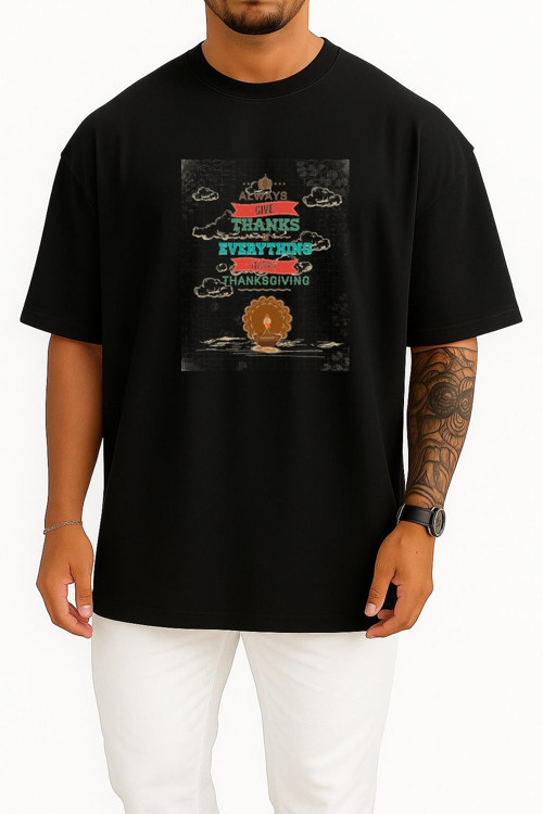 Oversize Thanksgiving Poster Şükran Günü Göğüs Tasarımlı Unisex T-Shirt