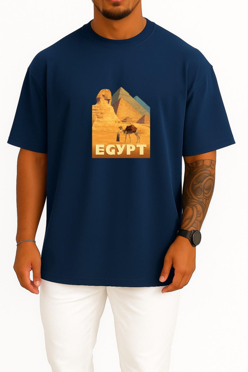 Oversize Mısır Piramitleri Göğüs Tasarımlı Unisex T-Shirt