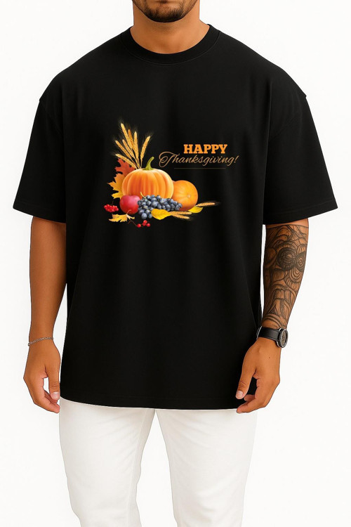 Oversize Mutlu Şükran Günü Meyveler Thanksgiving Göğüs Tasarımlı Unisex T-Shirt