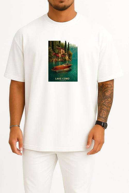 Oversize Lake Como İtalya Göğüs Tasarımlı Unisex T-Shirt
