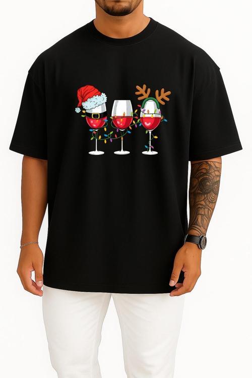 Oversize Yılbaşı Wine Ve Şapka Göğüs Tasarımlı Unisex T-Shirt