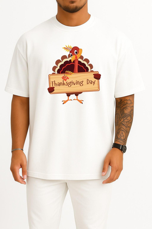 Oversize Şükran Günü Akşam Yemeği Göğüs Tasarımlı Unisex T-Shirt