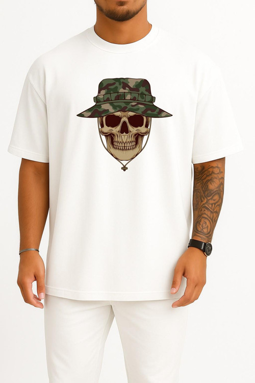 Oversize Kuru Kafa Asker Ve Kamuflaj Şapka Göğüs Tasarımlı Unisex T-Shirt