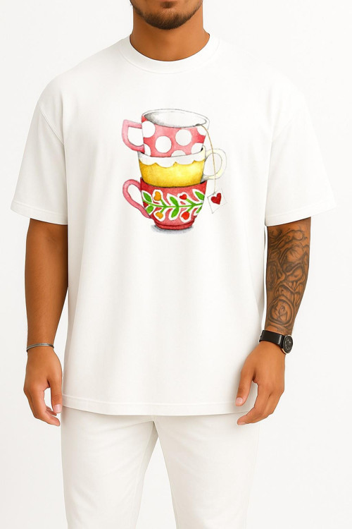 Oversize Teacup Coffee Mug Boyama Göğüs Tasarımlı Unisex T-Shirt