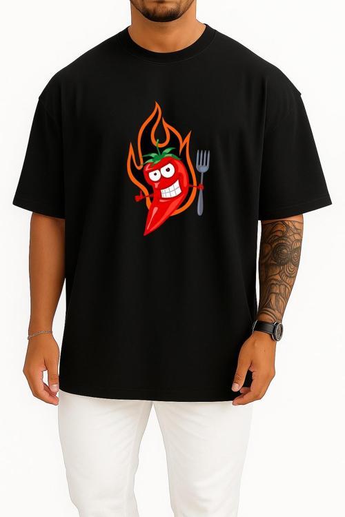 Oversize Kırmızı Acı Biber Logosu Göğüs Tasarımlı Unisex T-Shirt