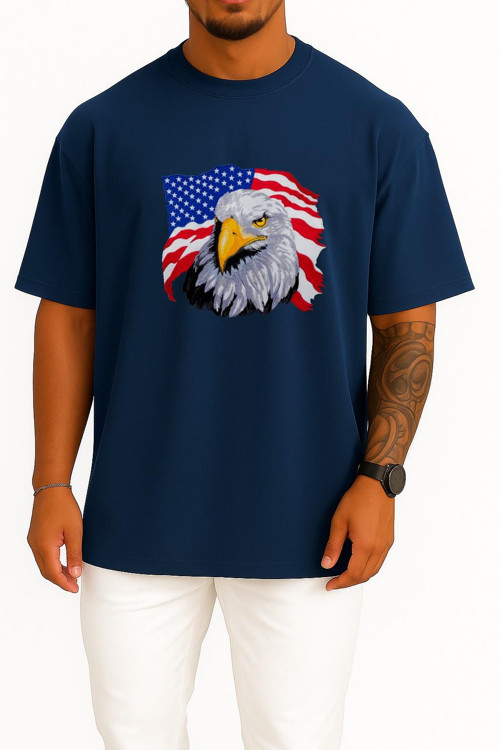 Oversize Amerika Kartalı Ve Amerika Bayrağı Göğüs Tasarımlı Unisex T-Shirt