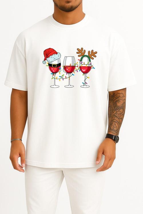 Oversize Yılbaşı Wine Ve Şapka Göğüs Tasarımlı Unisex T-Shirt