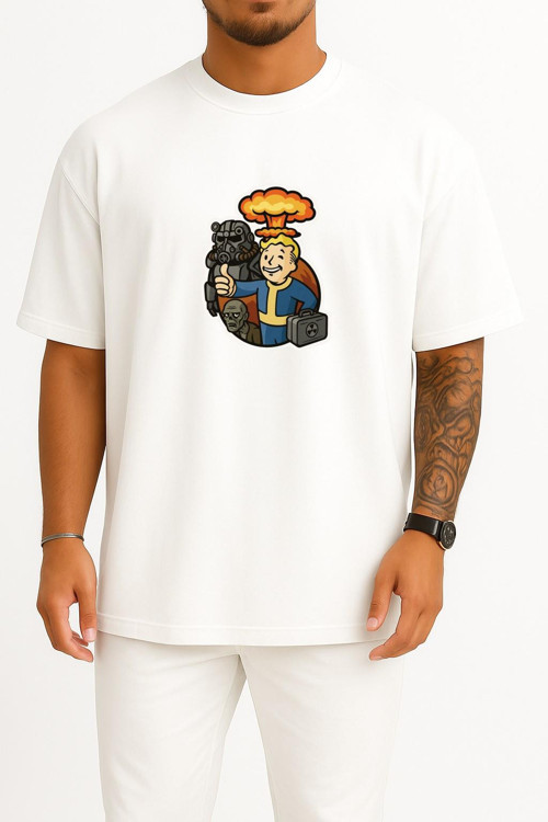 Oversize Fallout Sticker Göğüs Tasarımlı Unisex T-Shirt