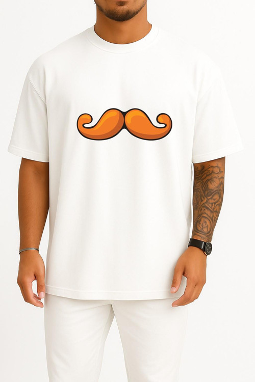Oversize Turuncu Bıyık Sanat Göğüs Tasarımlı Unisex T-Shirt