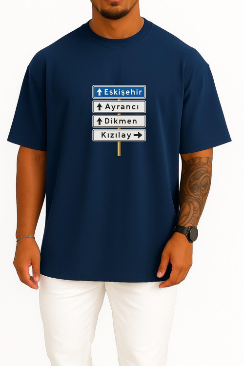 Oversize Meşhur Ankara Kızılay Tabelası Mavi Göğüs Tasarımlı Unisex T-Shirt
