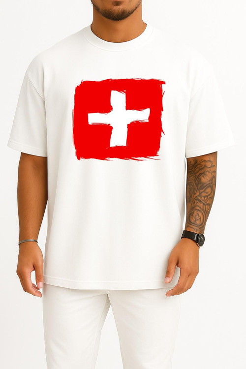 Oversize İsviçre Bayrağı Göğüs Baskılı Unisex T-Shirt