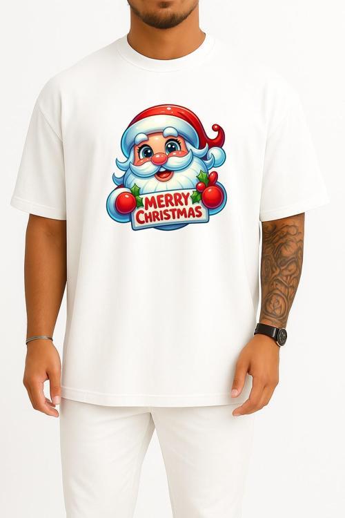 Oversize Merry Christmas Yılbaşı Göğüs Baskılı Unisex T-Shirt