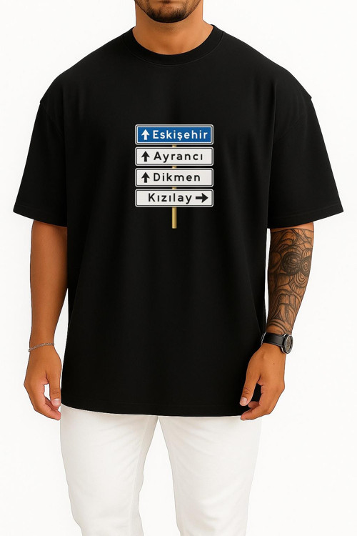 Oversize Meşhur Ankara Kızılay Tabelası Mavi Göğüs Tasarımlı Unisex T-Shirt