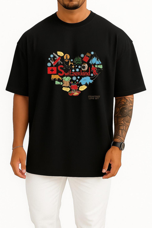Oversize İsviçre Ülkesi Ve Kalp Logo Göğüs Baskılı Unisex T-Shirt
