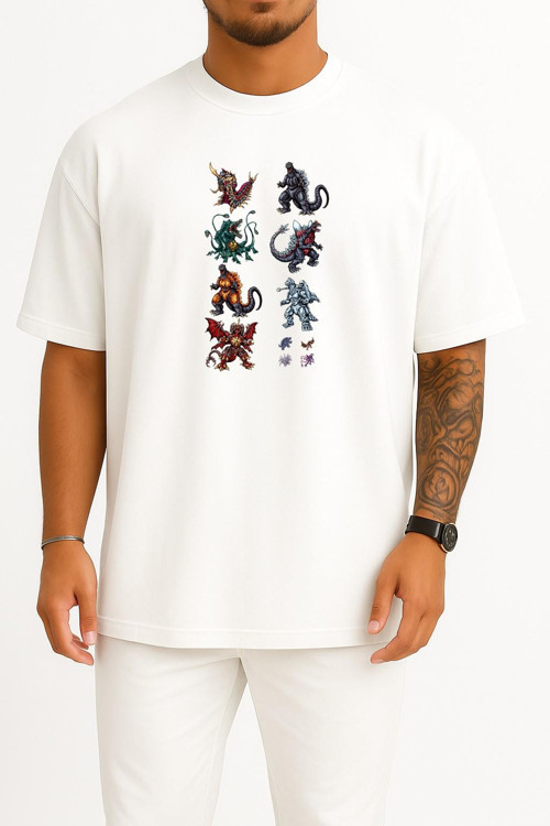 Oversize Godzilla Kaiju Megaguirus Gamera Göğüs Baskılı Unisex T-Shirt