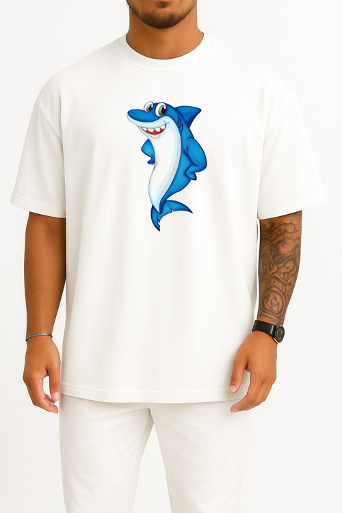 Oversize Great White Shark Bull Shark Göğüs Tasarımlı Unisex T-Shirt