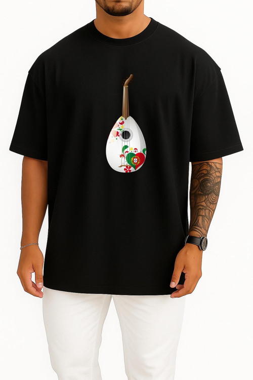 Oversize Portekiz Ukulele Gitar Göğüs Baskılı Unisex T-Shirt