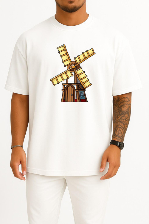 Oversize Kahverengi Ve Sarı Yel Değirmeni Göğüs Baskılı Unisex T-Shirt
