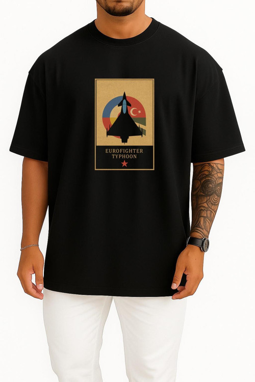Oversize Eurofighter Typhoon Türk Hava Kuvvetleri Göğüs Tasarımlı Unisex T-Shirt