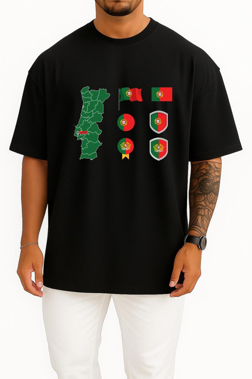 Oversize Portekiz Haritası Ve Bayrağı Göğüs Baskılı Unisex T-Shirt