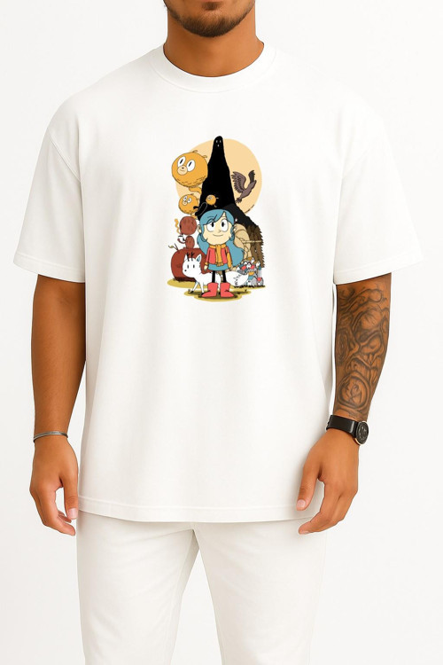Oversize Hilda Ve Taş Orman, Çizgi Roman Göğüs Tasarımlı Unisex T-Shirt