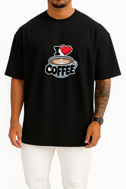 Oversize İ Love Coffee Göğüs Tasarımlı Unisex T-Shirt