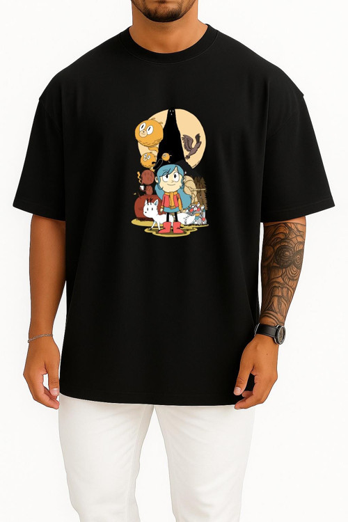 Oversize Hilda Ve Taş Orman, Çizgi Roman Göğüs Tasarımlı Unisex T-Shirt