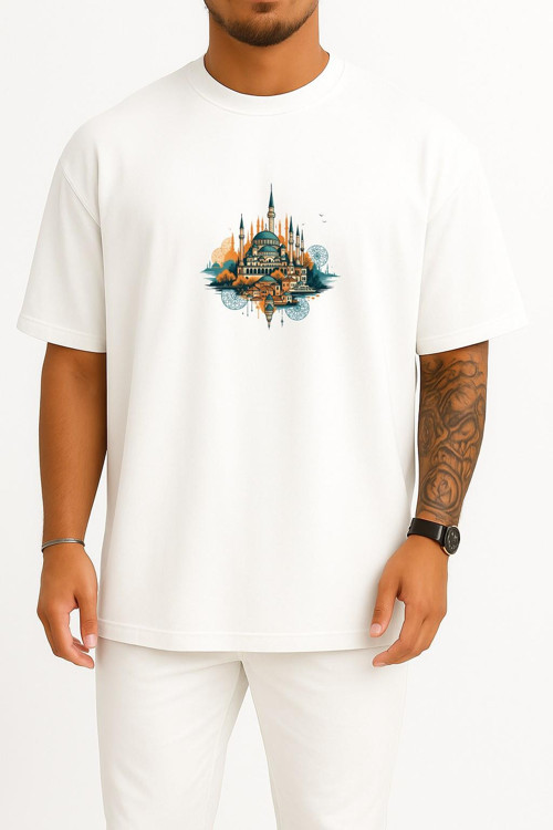 Oversize İstanbul Sultanahmet Camii Sanatsal Göğüs Tasarımlı Unisex T-Shirt