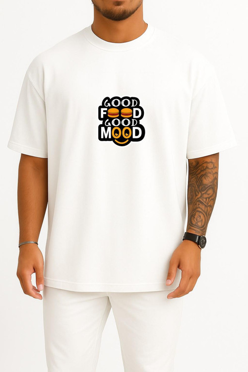 Oversize Good Food Good Mood Göğüs Tasarımlı Unisex T-Shirt