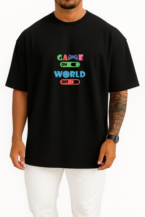 Oversize Oyun Açık Dünya Kapalı Göğüs Baskılı Unisex T-Shirt