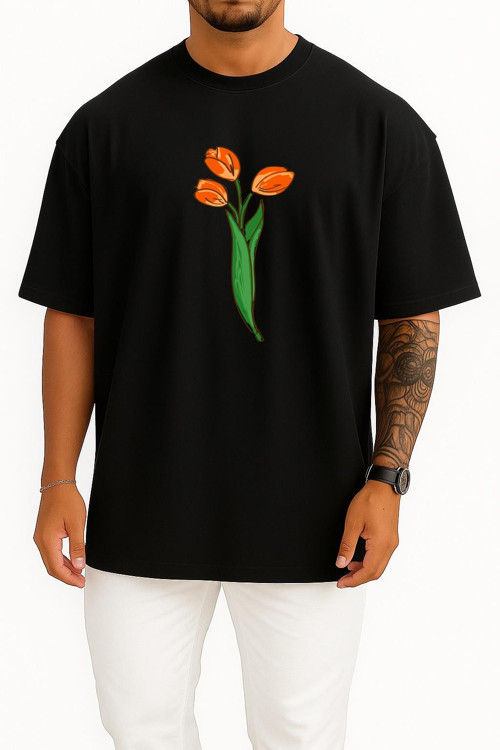 Oversize Hollanda Lale Göğüs Baskılı Unisex T-Shirt