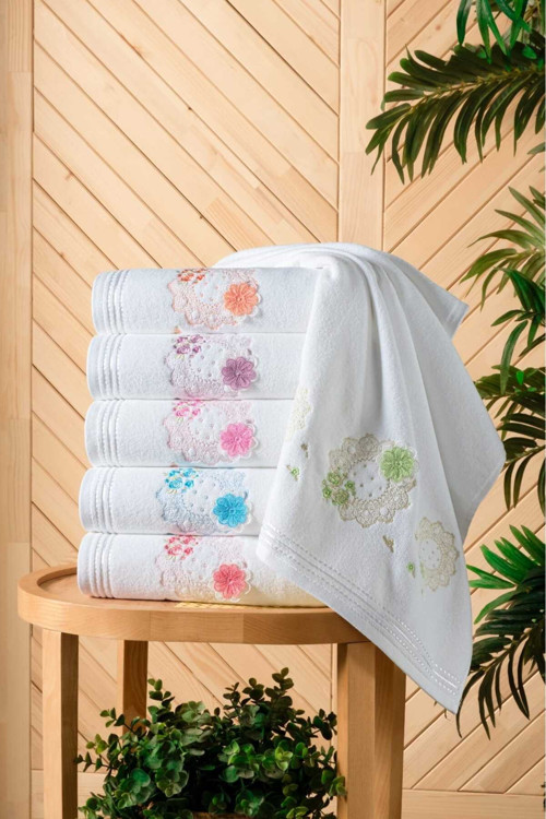 Beyaz El İşi 3D Nakışlı Kadife 6 Adet 30X50 Cm Mutfak Havlusu %100 Pamuk