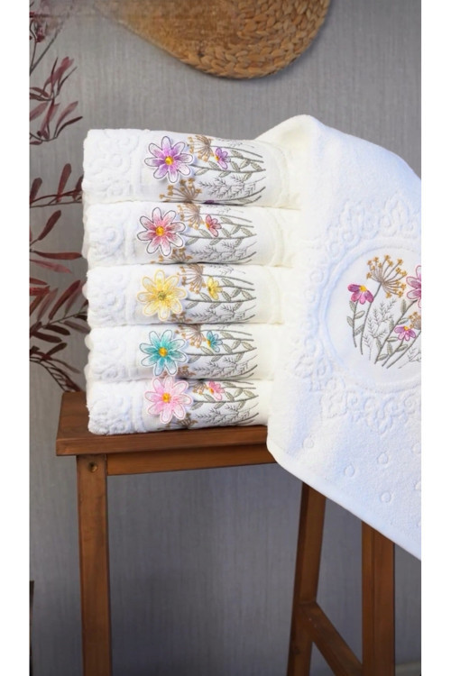 %100 Pamuklu 3D Nakışlı 6 Adet 50X90 Cm El Yüz Havlusu