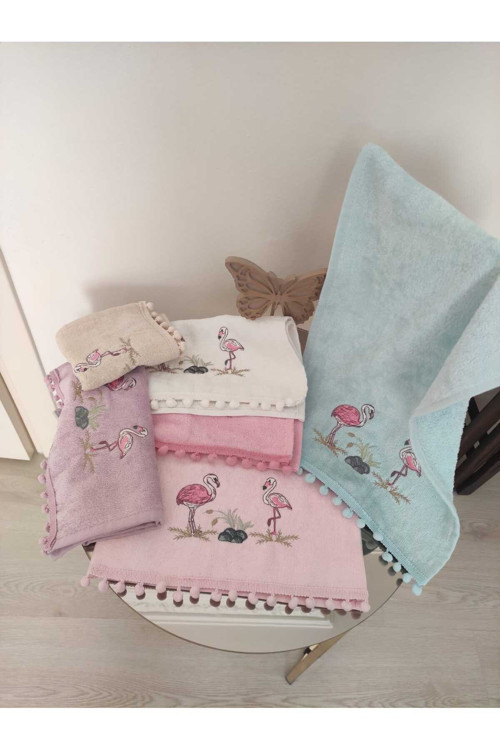 30X50 Mutfak Flora Kadife Flamingo 6 Lı Nakışlı Ponponlu Mutfak Havlusu