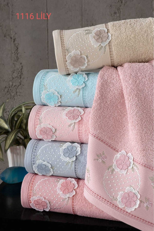 50X90 Cm Lily Kutulu 3D Asorti Nakışlı %100 Bukle Beyaz 6 Adet El Yüz Havlu Seti