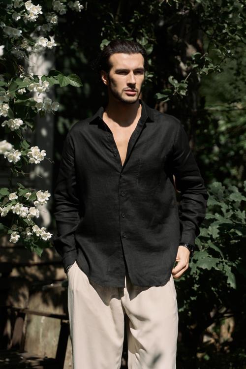 Ombretta Siyah Keten Oversize Erkek Gömlek